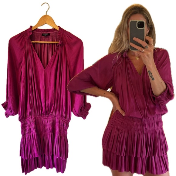 Anthropologie Current Air Los Angeles Magenta Fuchsia Pink Ruffle Pleated Dress - Picture 1 of 13